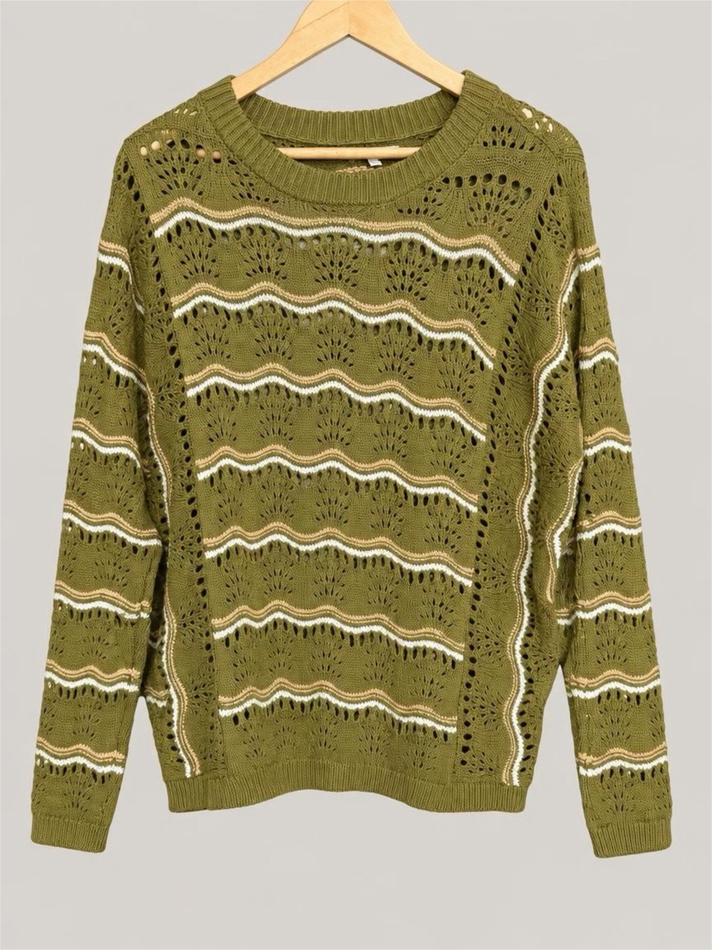 NWT Maurices Olive Open-Knit Crewneck Sweater with White and Peach Stripes - L